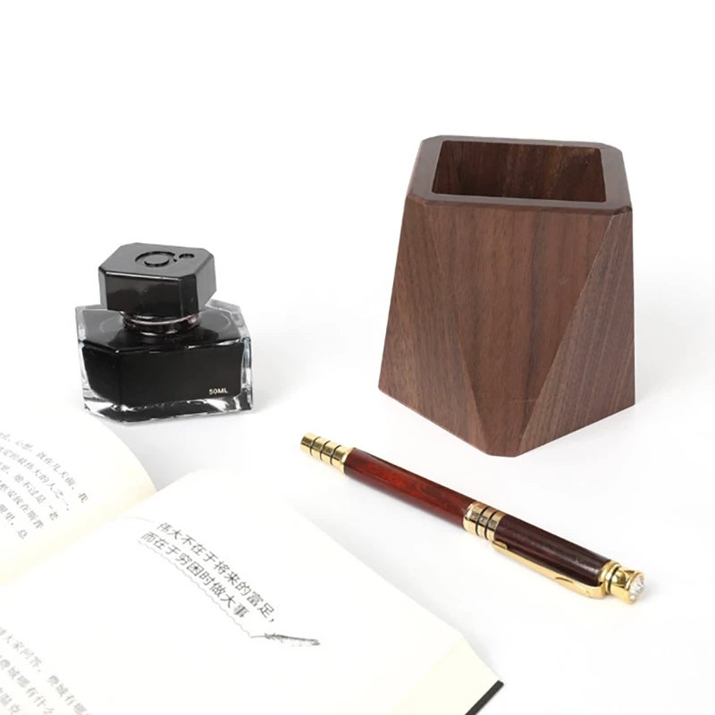 Soseelnee Black Walnut Wooden Pencil Box  Multiple-Use Desk Writing Stationary Organizer Wood Pen Holder Cups Office School Supplies Storage (Prismatic Shape) - Image 3